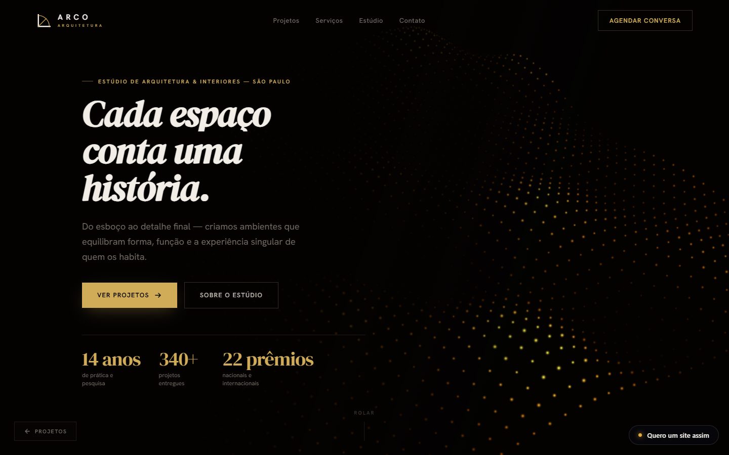 Página inicial do site ARCO, estúdio de arquitetura, com paisagem 3D generativa