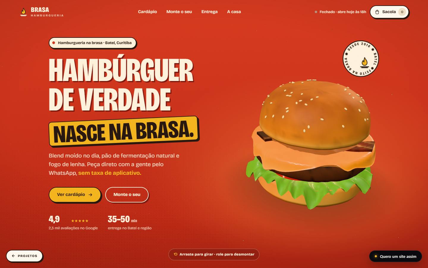 Página inicial do site BRASA, hamburgueria, com um hambúrguer em 3D sobre fundo de brasa