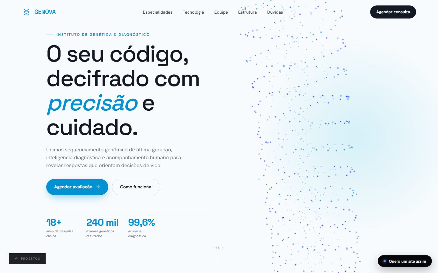 Página inicial do site GENOVA, clínica de genética, com animação de DNA em 3D